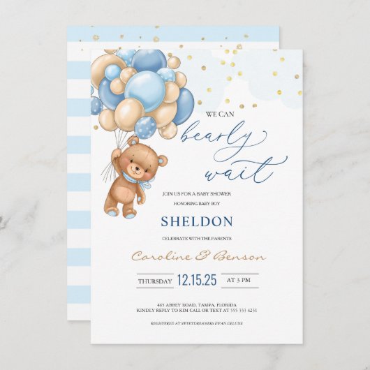 Teddy Bear Blue Balloons Baby shower Uitnodiging (Voorkant / Achterkant)