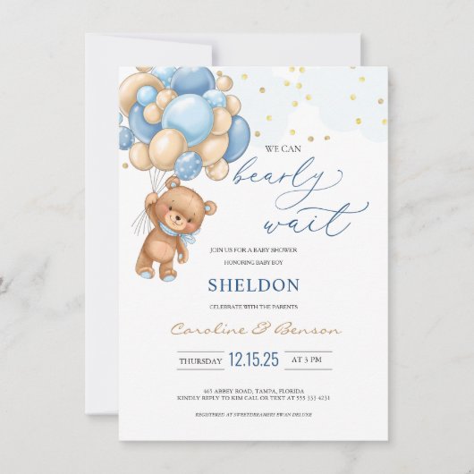 Teddy Bear Blue Balloons Baby shower Uitnodiging (Voorkant)