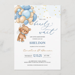 Teddy Bear Blue Balloons Baby shower Uitnodiging Informatiekaartje