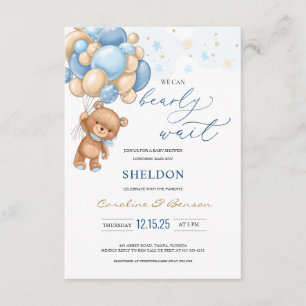 Teddy Bear Blue Balloons Baby shower Uitnodiging Informatiekaartje