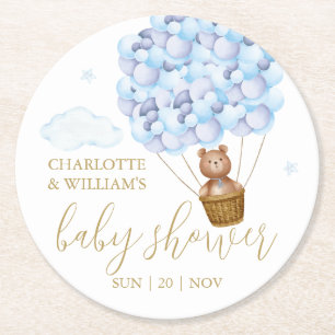 Teddy Bear Blue Balloons Boy Baby shower Ronde Kartonnen Onderzetter