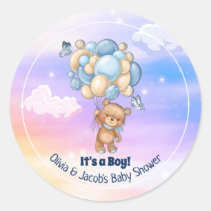 Teddy Bear Blue Balloons Boy Baby shower Ronde Sticker