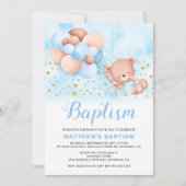 Teddy Bear Blue Balloons Gold Stars Baptisme Kaart (Voorkant)