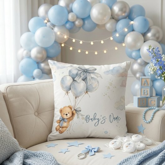 Teddy Bear Blue Bow Balloons Clouds Baby Boy Kussen