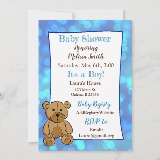 Teddy Bear Blue Boy Baby Shower Invitations (Devant)