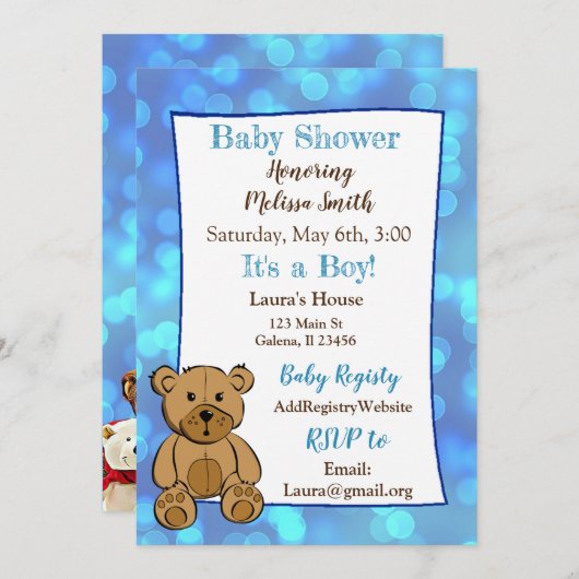 Teddy Bear Blue Boy Baby Shower Invitations (Devant / Derrière)
