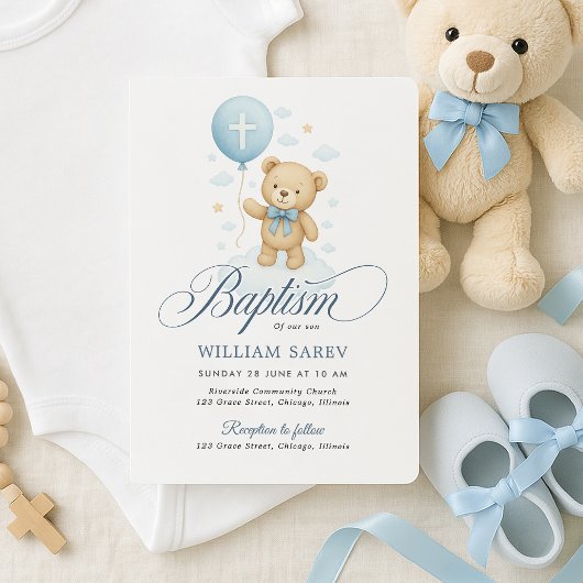 Teddy Bear Blue Boy Baptism Invitation