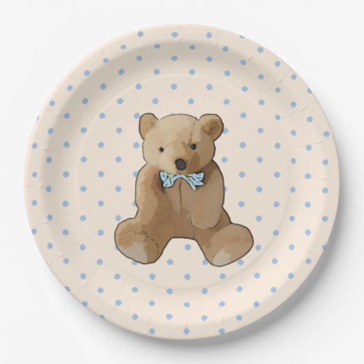Teddy Bear Blue en Tan Polka Dotted Party Bord (Voorkant)