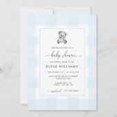 Teddy Bear Blue Gingham Baby shower Invitation Kaart (Voorkant)
