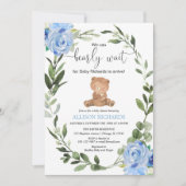 Teddy Bear Blue Greenery floral boy baby shower Kaart (Voorkant)