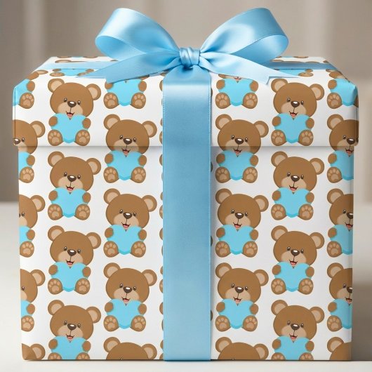 Teddy Bear Blue Heart Wrapping Paper Sheet