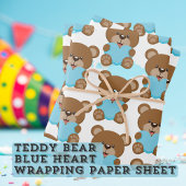 Teddy Bear Blue Heart Wrapping Paper Sheet