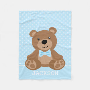 Teddy Bear Blue Polka Dot gepersonaliseerde jongen Fleece Deken