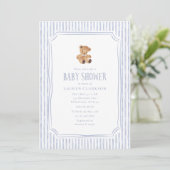 Teddy Bear Blue Stripes Baby Boy Baby Shower  Aankondiging (Staand voorkant)
