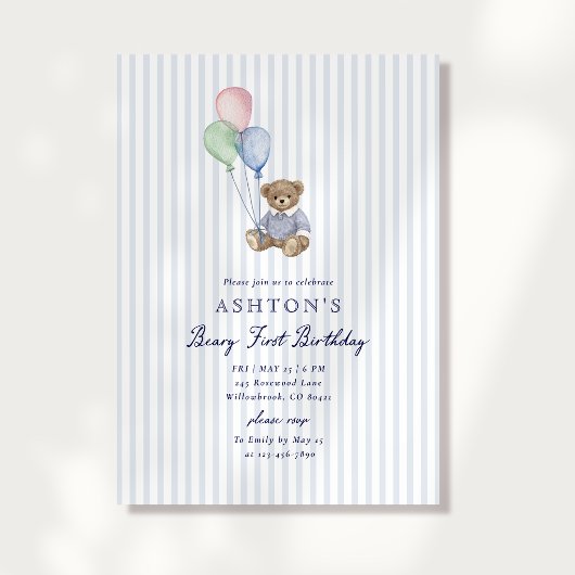 Teddy Bear Blue Stripes First Birthday Invitation 