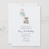 Teddy Bear Blue Stripes First Birthday Invitation  (Devant)