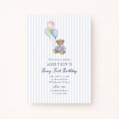 Teddy Bear Blue Stripes First Birthday Invitation Aankondiging