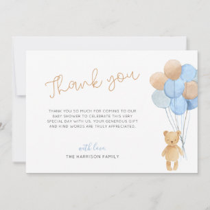 Teddy Bear Blue Tan Balloons Baby shower Bedankkaart