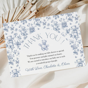 Teddy Bear Blue Toile Baby shower Dank u kaart