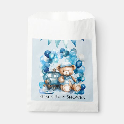 Teddy Bear Blue Train Boy Baby shower Bedankzakje (Voorkant)