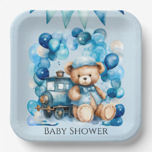 Teddy Bear Blue Train Boy Baby shower Papieren Bordje