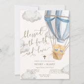 Teddy Bear Blue Twins Christening Invitation (Devant)