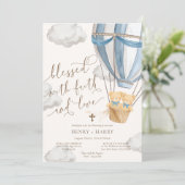 Teddy Bear Blue Twins Christening Invitation (Debout devant)