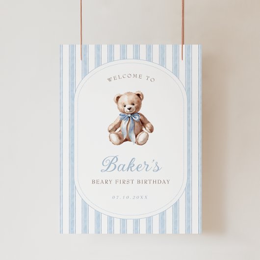 Teddy Bear Blue Verjaardag Welkomstbord Poster