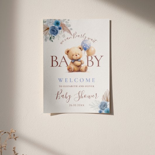 Teddy Bear Boho Blue Roos Ballon Baby shower Poster