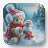 Teddy Bear bouwt een sneeuwpop Papieren Bordje (Voorkant)