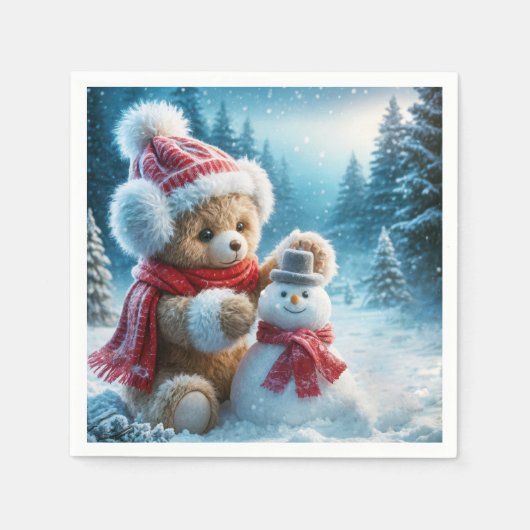 Teddy Bear bouwt een sneeuwpop Servet (Voorkant)