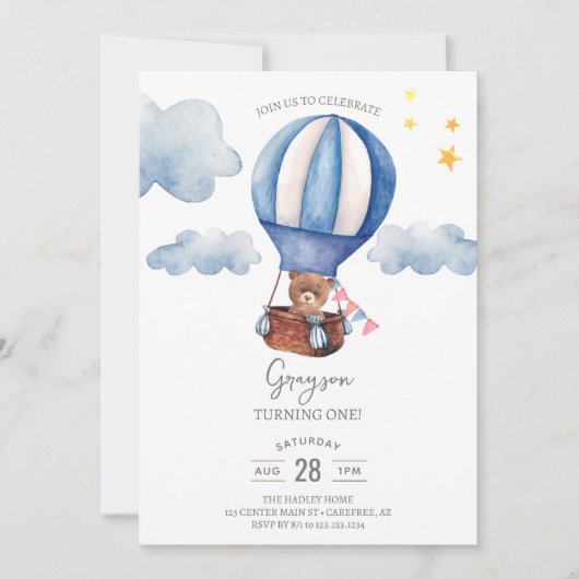 Teddy Bear Boy 1er Anniversaire Invitation (Devant)