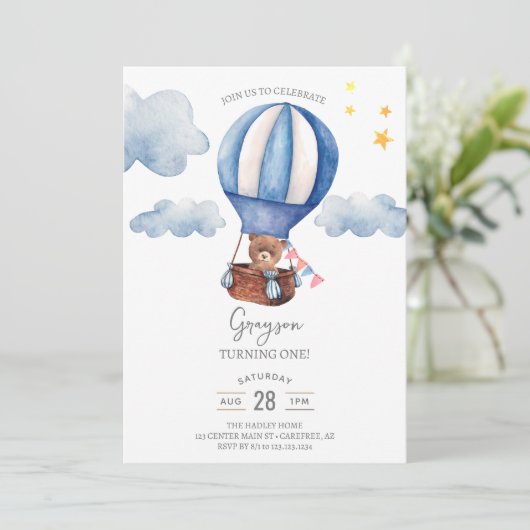 Teddy Bear Boy 1er Anniversaire Invitation (Debout devant)