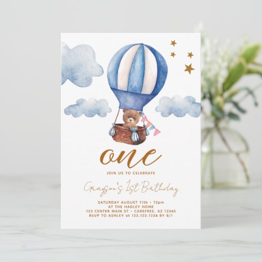 Teddy Bear Boy 1er Anniversaire Invitation (Debout devant)
