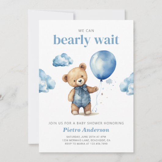Teddy Bear Boy Baby shower Uitnodiging (Voorkant)