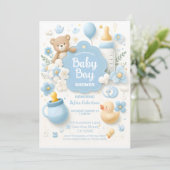 Teddy Bear Boy Blue Baby shower Kaart (Staand voorkant)