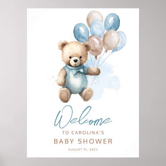 Teddy Bear Boy Blue Baby shower Welkomstteken Poster (Voorkant)