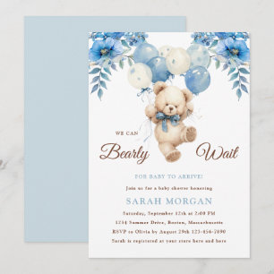 Teddy Bear Boy Blue   Boho Bearly Wait-Baby shower Kaart