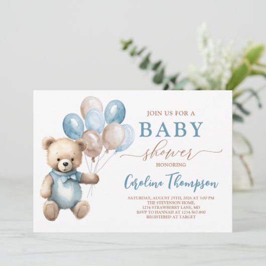 Teddy Bear Boy Blue Plaid Pastel Baby shower Kaart (Staand voorkant)