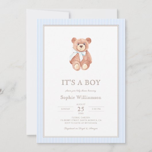 Teddy Bear Boy Classic Baby shower Invitation (Devant)