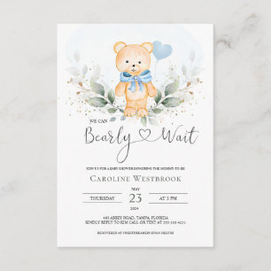 Teddy Bear Boy, Greenery Foliage Baby shower Informatiekaartje