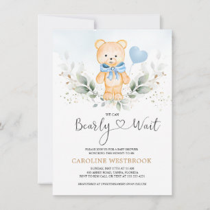 Teddy Bear Boy, Greenery Foliage Baby shower Kaart