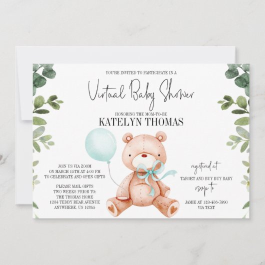 Teddy Bear Boy Greenery Virtual Baby shower Kaart (Voorkant)
