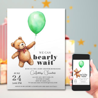 Teddy Bear Boy Groen Baby shower Uitnodiging