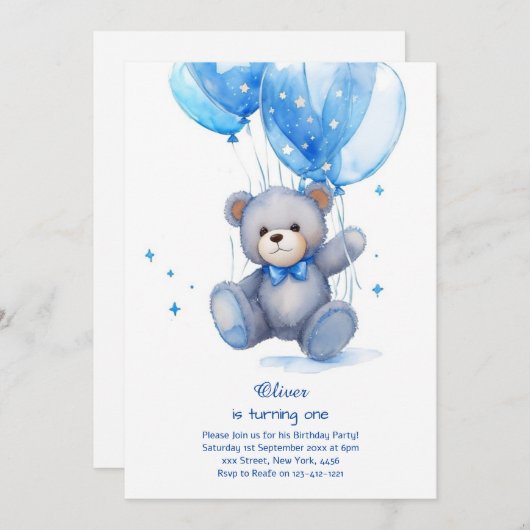 Teddy Bear Boy Invitation pour le premier annivers (Devant / Derrière)
