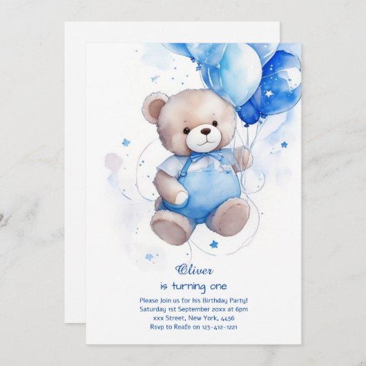 Teddy Bear Boy Invitation pour le premier annivers (Devant / Derrière)