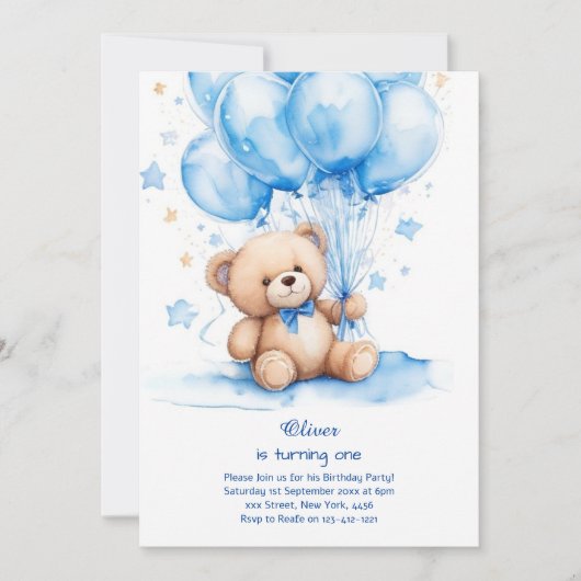 Teddy Bear Boy Invitation pour le premier annivers (Devant)