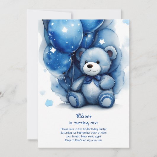 Teddy Bear Boy Invitation pour le premier annivers (Devant)