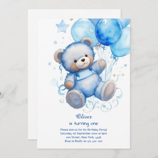 Teddy Bear Boy Invitation pour le premier annivers (Devant / Derrière)