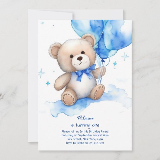 Teddy Bear Boy Invitation pour le premier annivers (Devant)